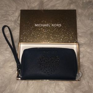 NWT MK navy heart studded phone wristlet wallet